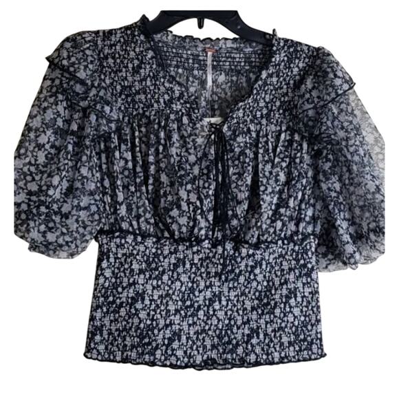 Free People Beatrice Mesh Black Combo Blouse, Size Medium, New with Tag MSRP $88 - Picture 8 of 9